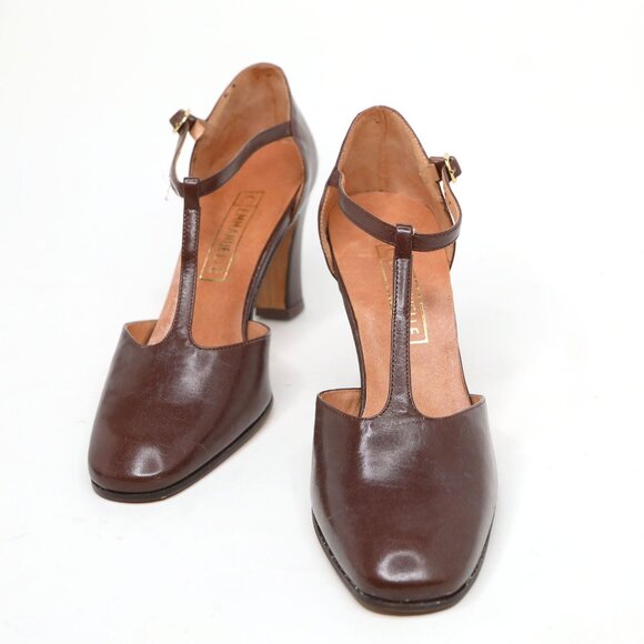 Vintage Emanuelle Brown Leather T-Strap Pumps 80s Chunky Heels Retro Granny - Picture 7 of 12